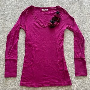 Vintage Y2K Michael Stars Pima Cotton V-neck Long Sleeve Shirt Rosettes One Size